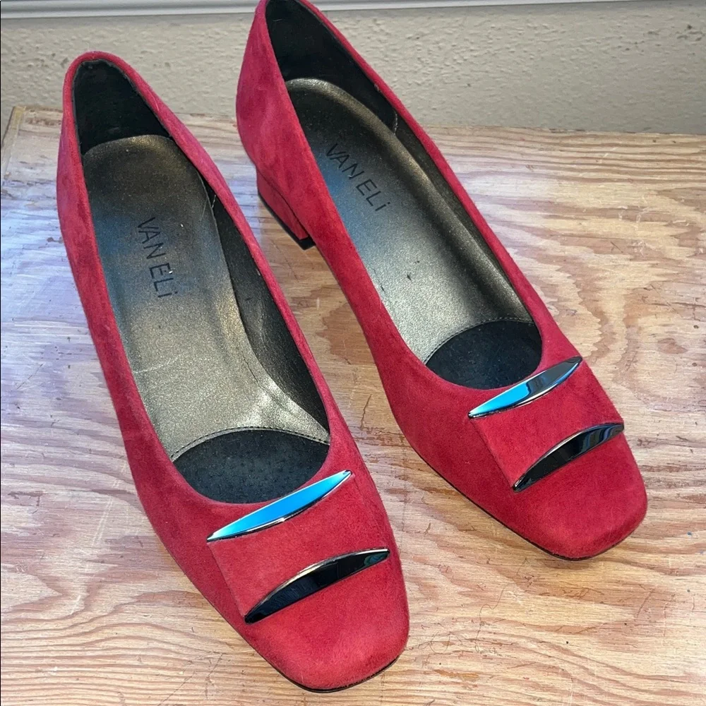 Vaneli Red‎ Suede Heels with Black Accents